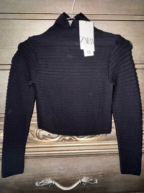 Zara Black Ribbed Mock-Neck Long Sleeve Top